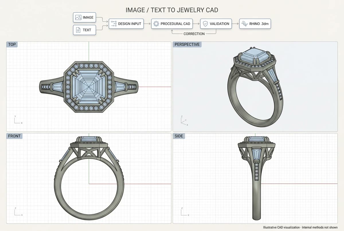 Ring generated as editable Rhino CAD in four views