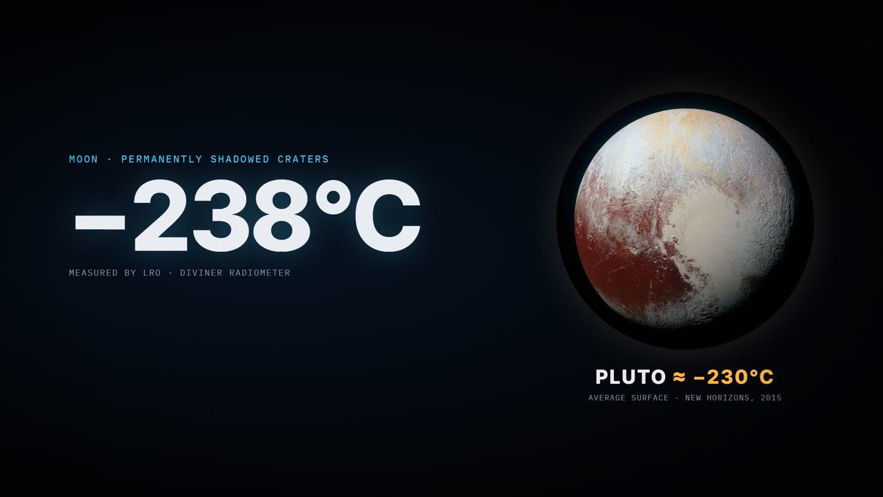 Title card reading minus 238 degrees Celsius beside Pluto