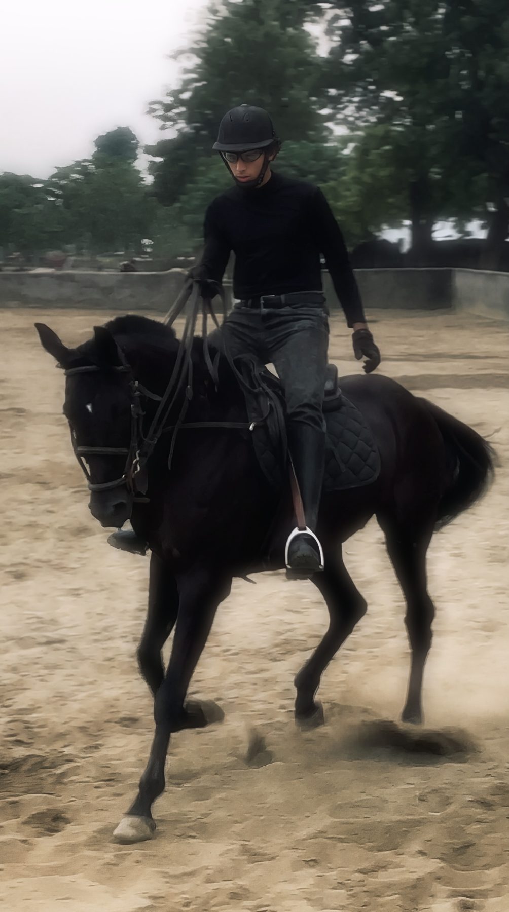 Riding a black horse