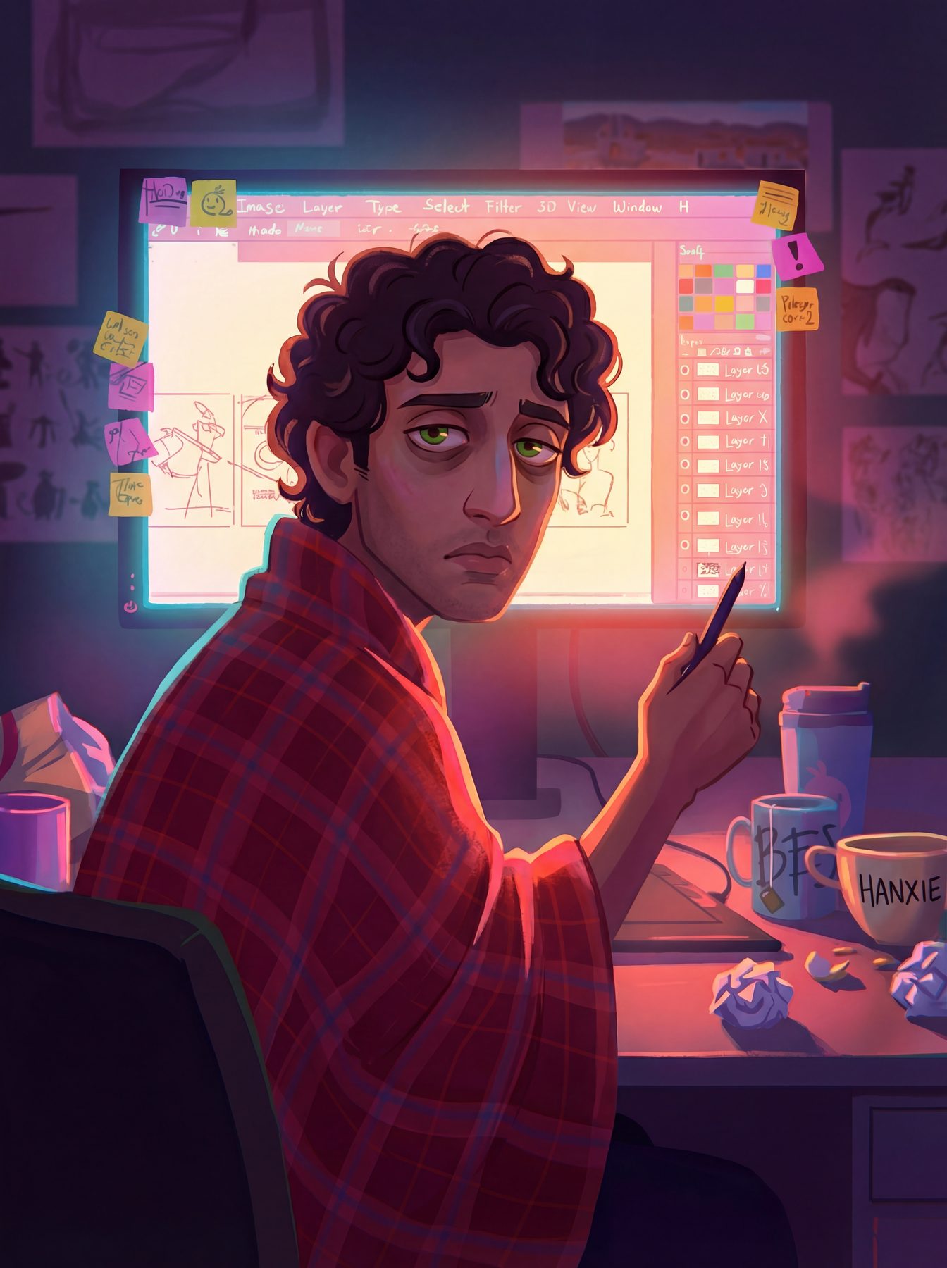 Illustrated self-portrait at a desk