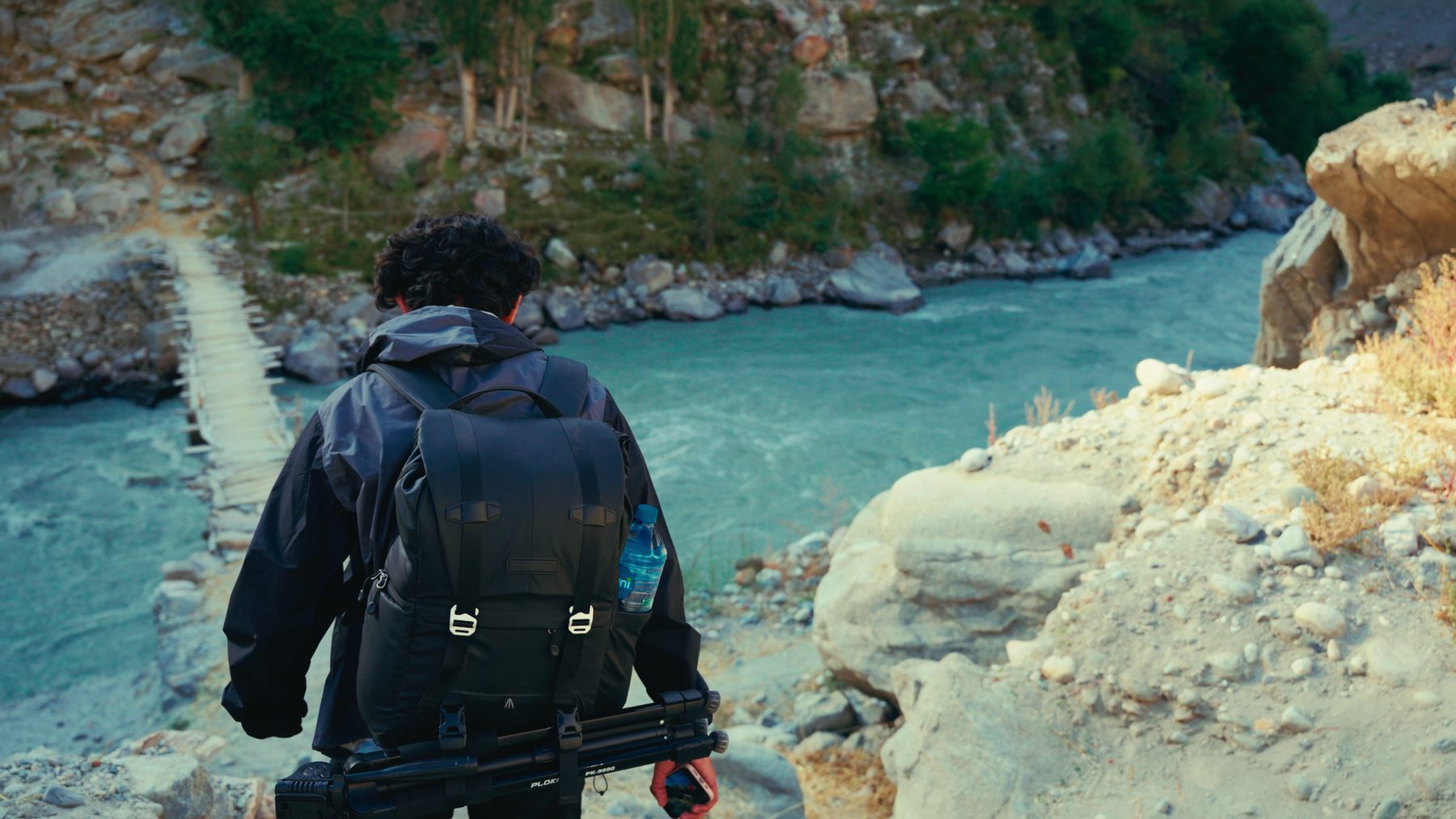 Crossing a river gorge with a pack