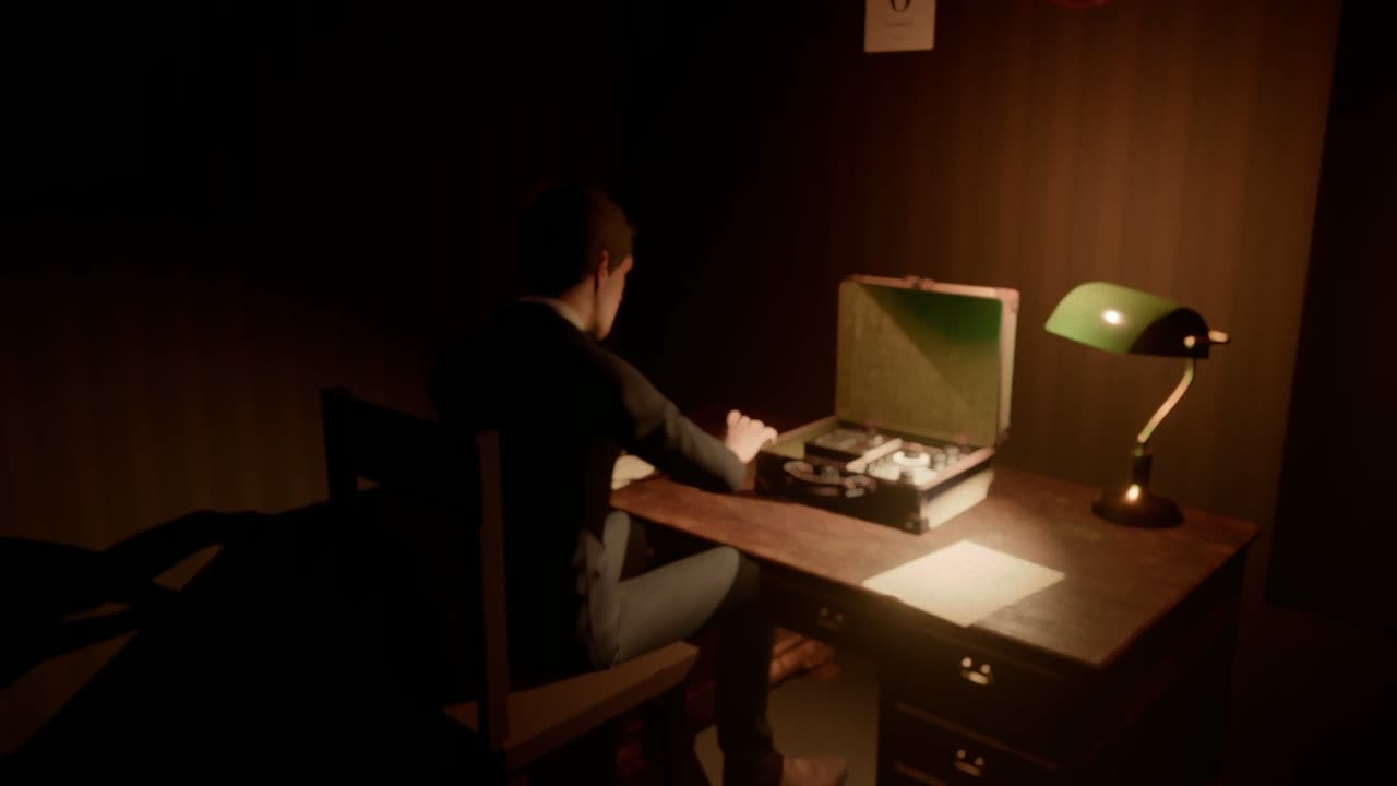 3D render of a radio operator at a desk lit by a green lamp